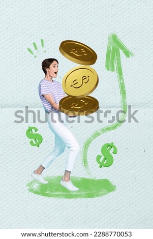 Collage picture illustration businesswoman lady hold stack dollar golden coin trading earn money online up colorful background
