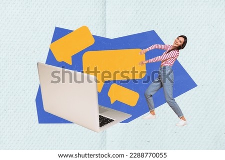 Poster banner collage funky young lady using netbook got many emails online communication concept