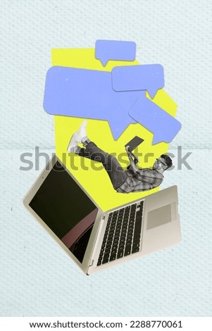 Magazine template collage picture of flying man using netbook have conversation with his blog followers