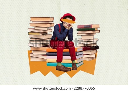Picture pop collage banner young student guy have censorship eyes face tired studying isolated graphics artwork background