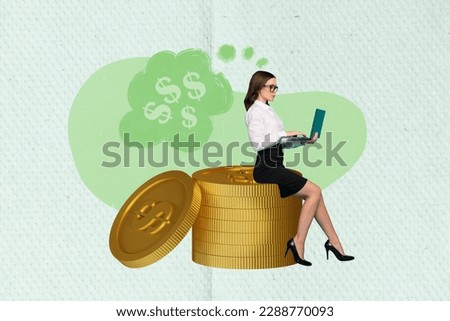 Photo collage confident business lady trading internet currency collect golden coins launching netbook picture background