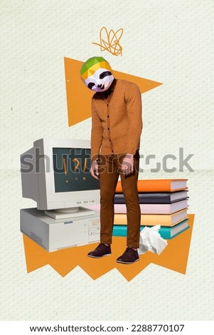 Vertical collage of head animal man sloth laziness dont like preparing exams no knowledge read books use pc isolated on green background