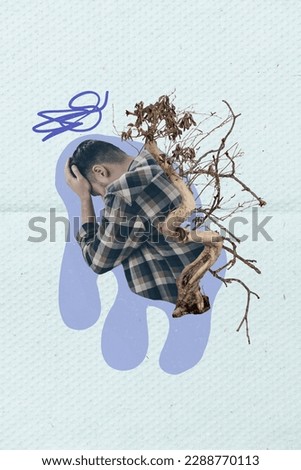 Poster banner collage of upset guy suffer terrible break with girlfriend have back tree debt concept depression
