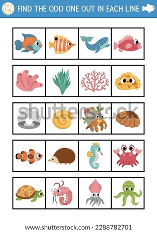 Find the odd one out. Under the sea logical activity for children. Ocean life educational quiz worksheet for kids for attention skills. Simple water animals printable game with cute characters
 Royalty-Free Stock Photo #2288782701