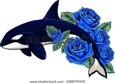 vector illustration of Killer whale with flower on white background. digital draw