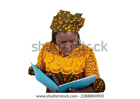 a beautiful mature businesswoman in traditional clothes standing on a white background checking a document with a displeased expression Royalty-Free Stock Photo #2288804903
