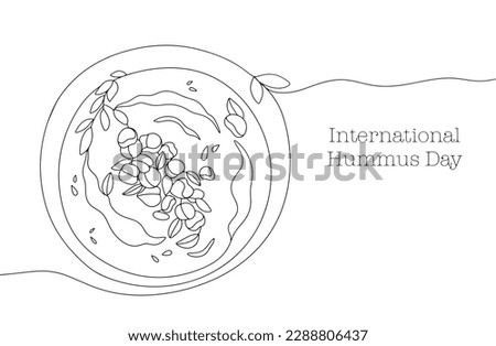 A plate of chickpea puree with spices and herbs. Hummus with olive oil, lemon juice and sesame paste. International Hummus Day. One line drawing for different uses. Vector illustration. Royalty-Free Stock Photo #2288806437