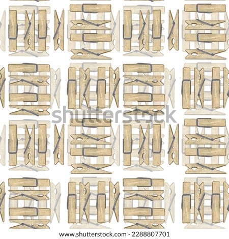 Watercolor illustration, pattern with wooden brown clothespins in the form of a cage. on a white background. Suitable for fabric design, packaging paper,printing, postcards, sets, business cards,logos