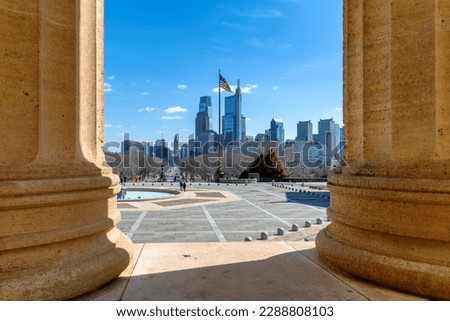 Philadelphia city skyline in spring sunny day from columns of Philadelphia Museum of Art.