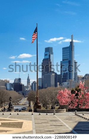 Philadelphia skyline with spring flowers in spring sunny day, Philadelphia, Pennsylvania.