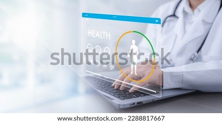 Medical doctor and medical technology and futuristic concept, Doctor using laptop and health medical network connection icon on virtual screen interface, Modern medical technology and innovation. Royalty-Free Stock Photo #2288817667