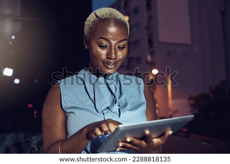 Business, tablet and night with black woman in city for technology, corporate and communication. Social media, connection and internet with female and search online for networking, email and website