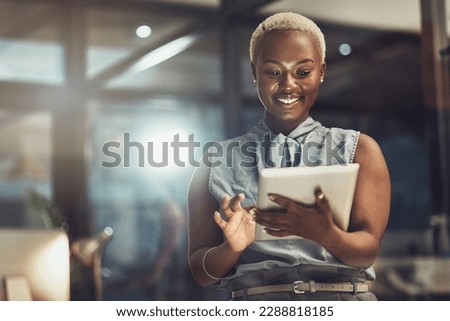 Smile, tablet and search with black woman in office for technology, corporate and communication. Social media, connection and internet with female and online for networking, email and website Royalty-Free Stock Photo #2288818185