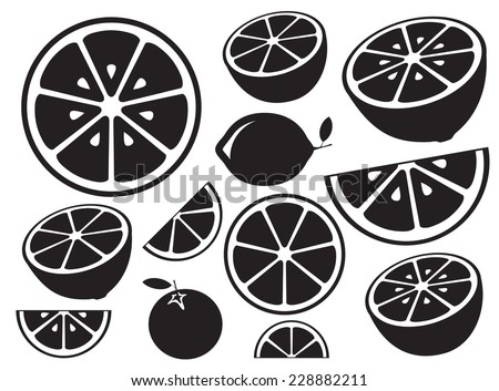 Collection of citrus slices - orange, lemon, lime and grapefruit, icons set, black isolated on white background, vector illustration. Royalty-Free Stock Photo #228882211