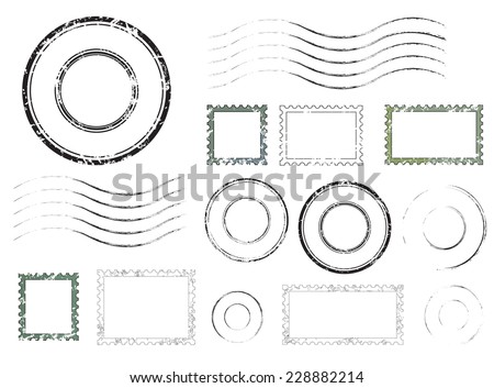 Set of postal stamps and postmarks, isolated on white background, vector illustration. Royalty-Free Stock Photo #228882214