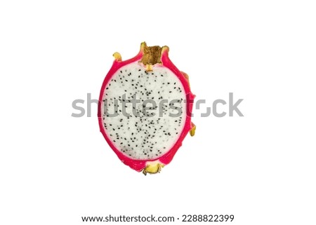 An isolated red dragon fruit or pitaya lying on a white background