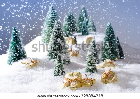 Winter landscape with christmas presents