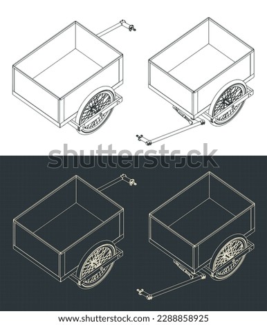Stylized vector illustration of isometric blueprints of bike trailer