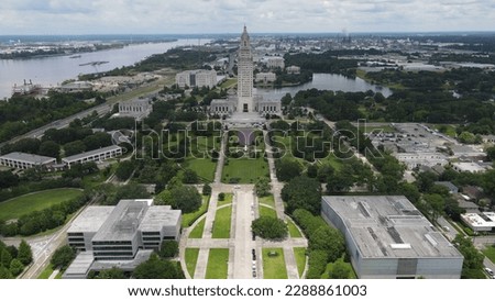 Downtown Baton Rouge Louisiana State Capital Building Overcast Raw Drone Photograph Banks, Streets, Buildings Royalty-Free Stock Photo #2288861003