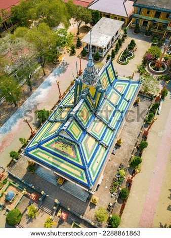 Travel and landscape concept. Top view of Ancient Khmer pagoda architecture. The main hall of Kompongnikroth Khmer Pagoda also call by Hang Pagoda or Chua Hang Chau Thanh, Tra Vinh province, Vietnam