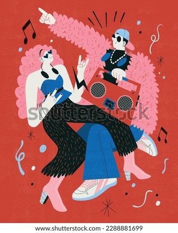 Flat design illustration of stylish couple dancing to the music. The boy with a boombox pointing his hand up and dancing with the curly pink hair girl. Royalty-Free Stock Photo #2288881699