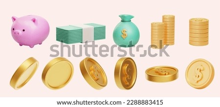 3D cartoon money element set isolated on pale pink background. Including piggy bank, cash bills, money bag, stacks of coins, and coins in different angles. Royalty-Free Stock Photo #2288883415