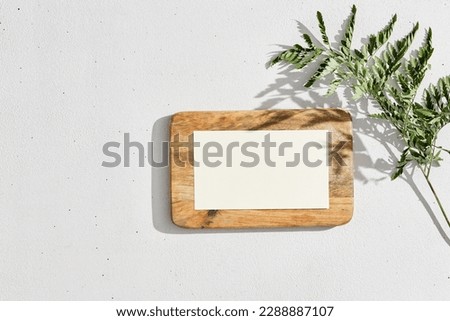 Natural template business card layout on white background with wooden and fern. Name card mockup in minimal style with shadows of sun and plant element