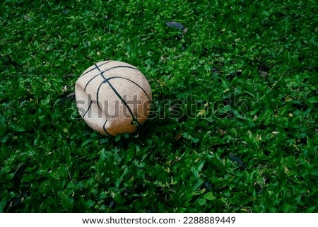 A photo of a small, long-neglected basketball that deflated by itself in a playground