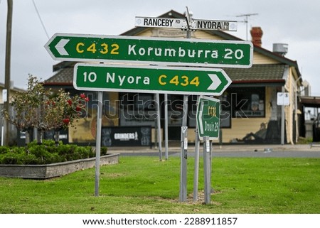 Korumburra and Nyora signage in Poowong, Victoria, Australia. 