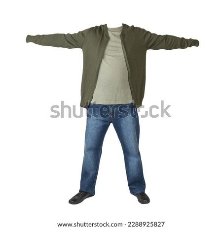 dark blue jeans,dark green t-shirt ,hakki knitted bomber jacket and black leather shoes  isolated on white background 