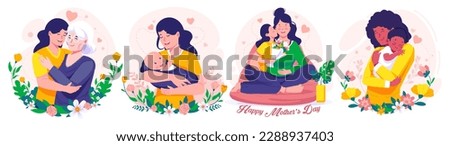 Illustration Set of Mother's Day.  Mother, Daughter, and Son. Mother Holding Baby In Arms. Mother hugging her daughter. Vector illustration Royalty-Free Stock Photo #2288937403