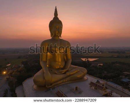 aerial view The moon was above the head of the biggest golden Buddha in the world.
scenery red sky in twilight background. 
golden big buddha is a popular landmark at wat Muang Ang Thong Thailand.