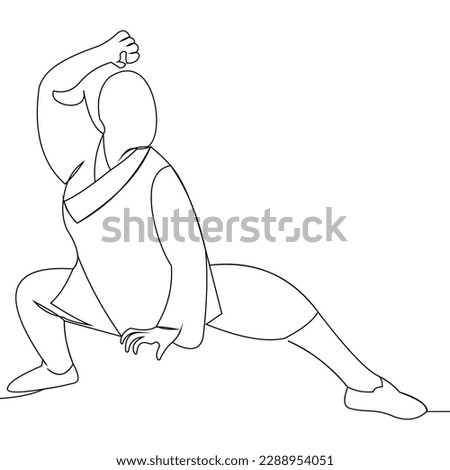 Single continuous line drawing young cute taekwondo woman doing kick pose in fight uniform with belt exercising martial art at gym. Healthy sport lifestyle concept. One line draw graphic design vector
