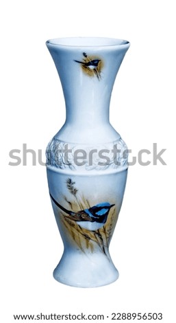White coloured Decorative Ceramic Vase isolated on a white background with a Blue Wren bird pictured. JPG image for Graphics and Craft artwork.