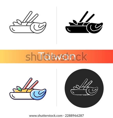 Oyster omelette icon. Taiwanese night market favourite. Asian cuisine restaurant dish. Thai street food. Linear black and RGB color styles. Isolated vector illustrations
