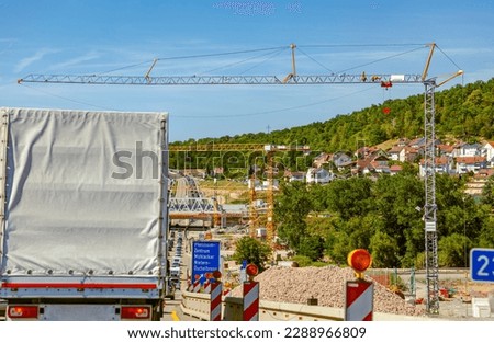 Road expansion and New Bridge over the Autobahn A8 near Pforzheim, Germany. construction site road works on highway. Enztal crossing, largest infrastructure project in southwest of Germany