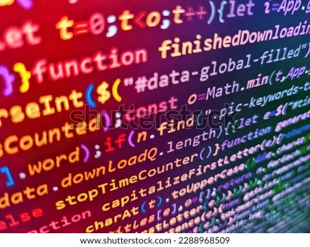 Screen of web developing php code on dark background. Source code photo. Software source code. Abstract information digital technology modern background. Writing programming code on laptop
