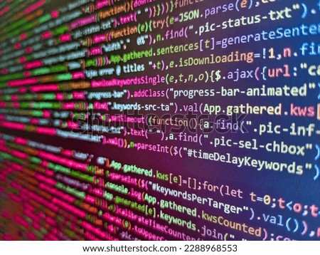 Coding, programming, hacking concept. Computer programming source code. Software background. Writing programming code on laptop. Software source code. Colorful abstract data display