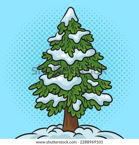 spruce pine tree in snow pinup pop art retro raster illustration. Comic book style imitation.