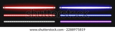 Isolated neon led lamp tube line with blue glow vector on transparent background. Realistic 3d light laser stripe bulb in red and purple color set. Flash lazer shine at night illustration collection.