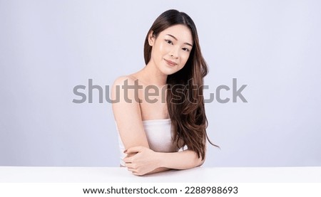 Closeup portrait of beauty asian woman with fair perfect healthy glow skin long hair copy space, young beautiful asia girl with pretty smile on face. Beauty korean clinic skincare banner Royalty-Free Stock Photo #2288988693