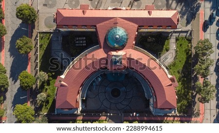 The building of the Supreme Council of the Republic of Adjara from a height. Unusual building from a height.Photos of the city of Batumi from a height,Georgia,Mountain Adjara,Black Sea,aerial view