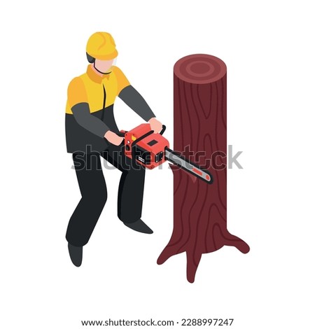 Lumberjack cutting tree trunk with gas chainsaw 3d isometric icon vector illustration Royalty-Free Stock Photo #2288997247