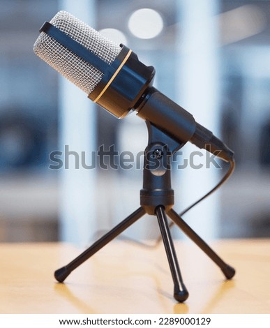 Music, podcast and radio with microphone in office for live streaming, recording and interview. Technology, network and news with equipment on desk in studio for communication, media and audio