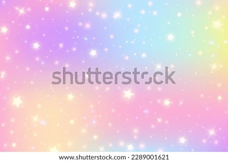 Rainbow pastel background. Unicorn sky with glittering sky. Candy galaxy with watercolor light texture. Girly cute magic wallpaper. Holographic vector abstract illustration Royalty-Free Stock Photo #2289001621
