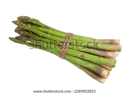 Close-up of a fresh raw asparagus bunch tied with a burlap twine isolated PNG file with transparent background.