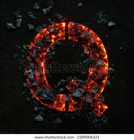 A photo of a burning capital letter Q on a black background is made of hot coals.