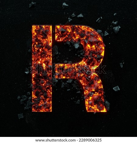 A photo of a burning capital letter R on a black background is made of hot coals.