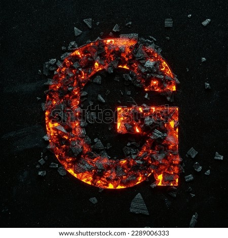 A photo of a burning capital letter G on a black background is made of hot coals. Royalty-Free Stock Photo #2289006333