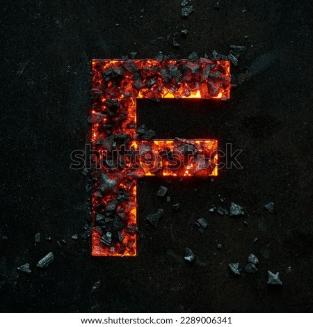 A photo of a burning capital letter F on a black background is made of hot coals.